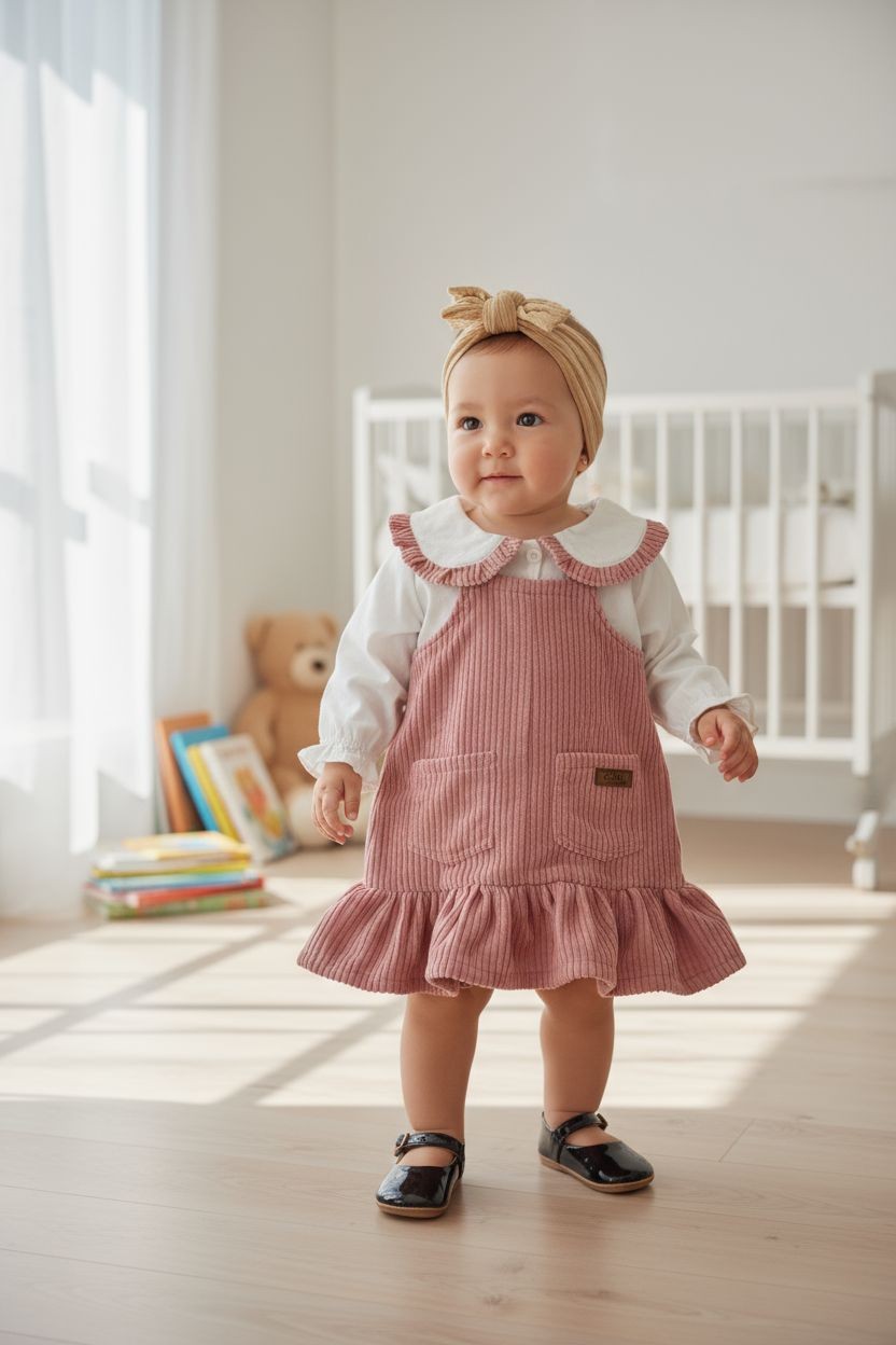 Vestido de pana Rosa bebe con camisa